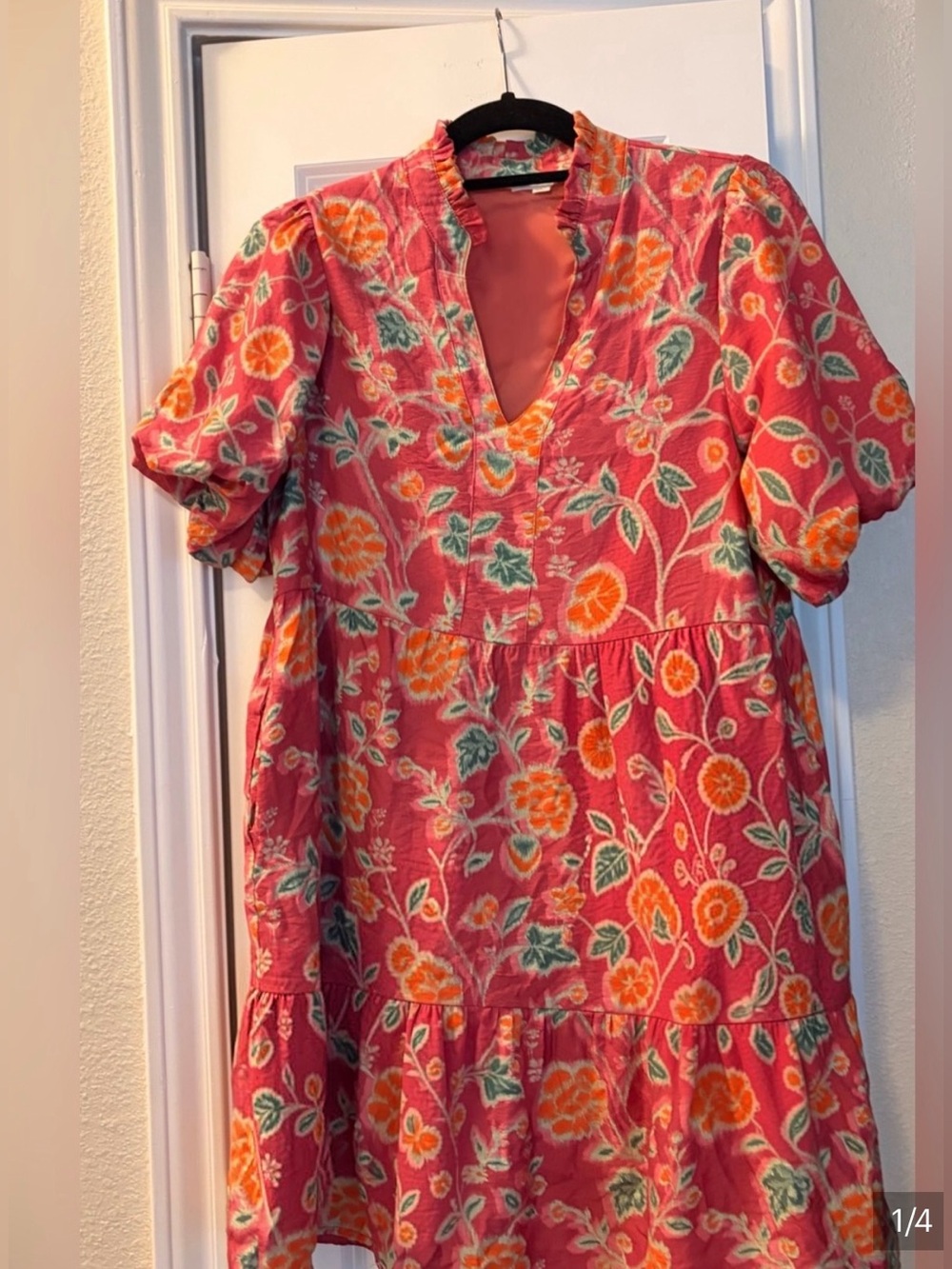 THML Pink Floral Ruffle V-Neck Tunic Dress